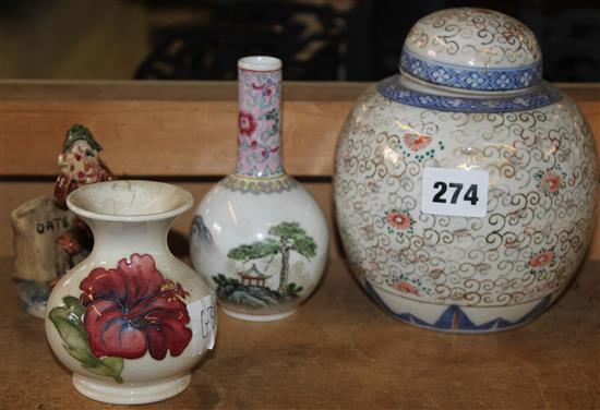 Moorcroft vase, Chinese vase and 2 other items